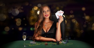 brunette girl in the casino playing poker, bokeh